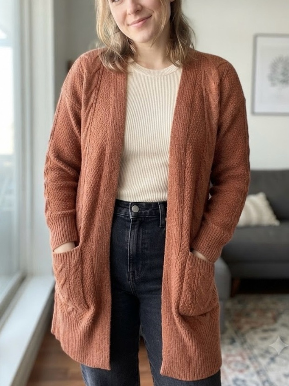 Pink Rose Rust Orange Brown Tan Camel Cable Knit Open Cardigan Duster Cozy Soft